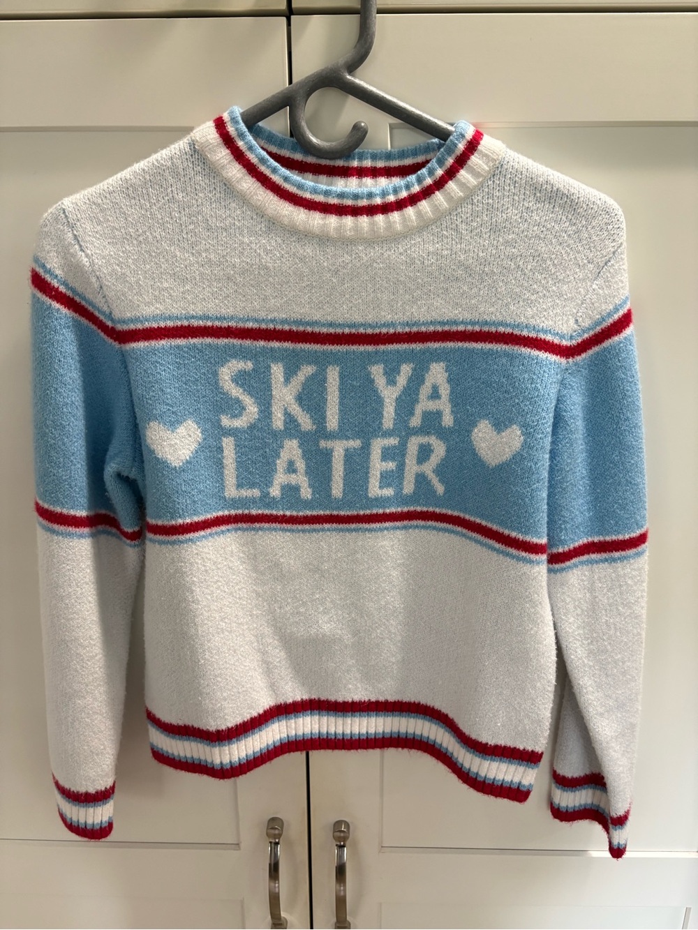 Old Navy Light Blue, White & Red 'Ski Ya Later' Crewneck Sweater